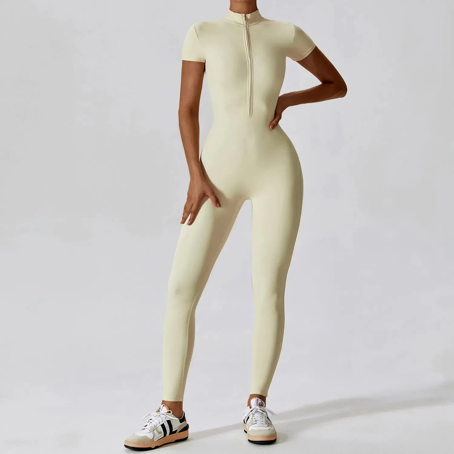 1 - WC - Yoga Jumpsuit: One-piece, short sleeve, zip bodysuit with push-up support for workouts