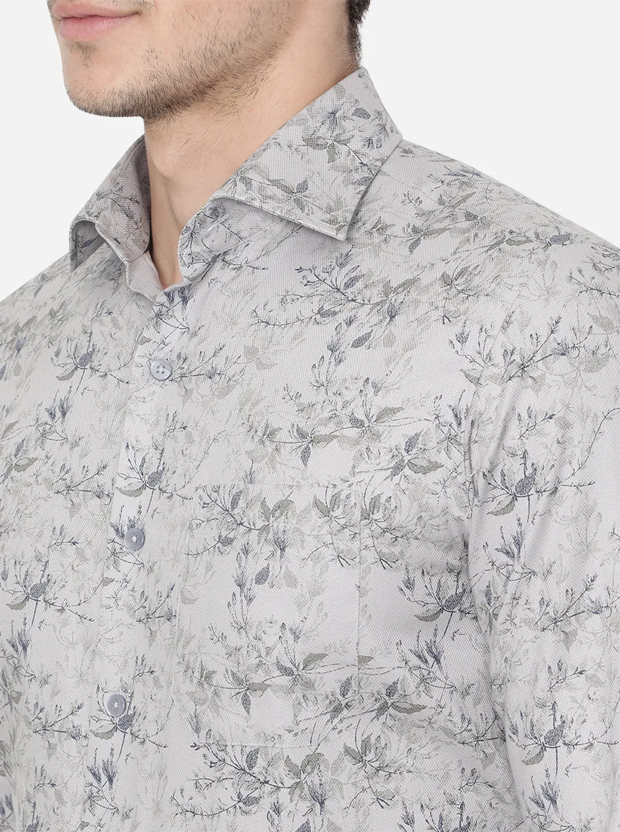 Ash Grey & Blue Printed Slim Fit Formal Shirt | Metal