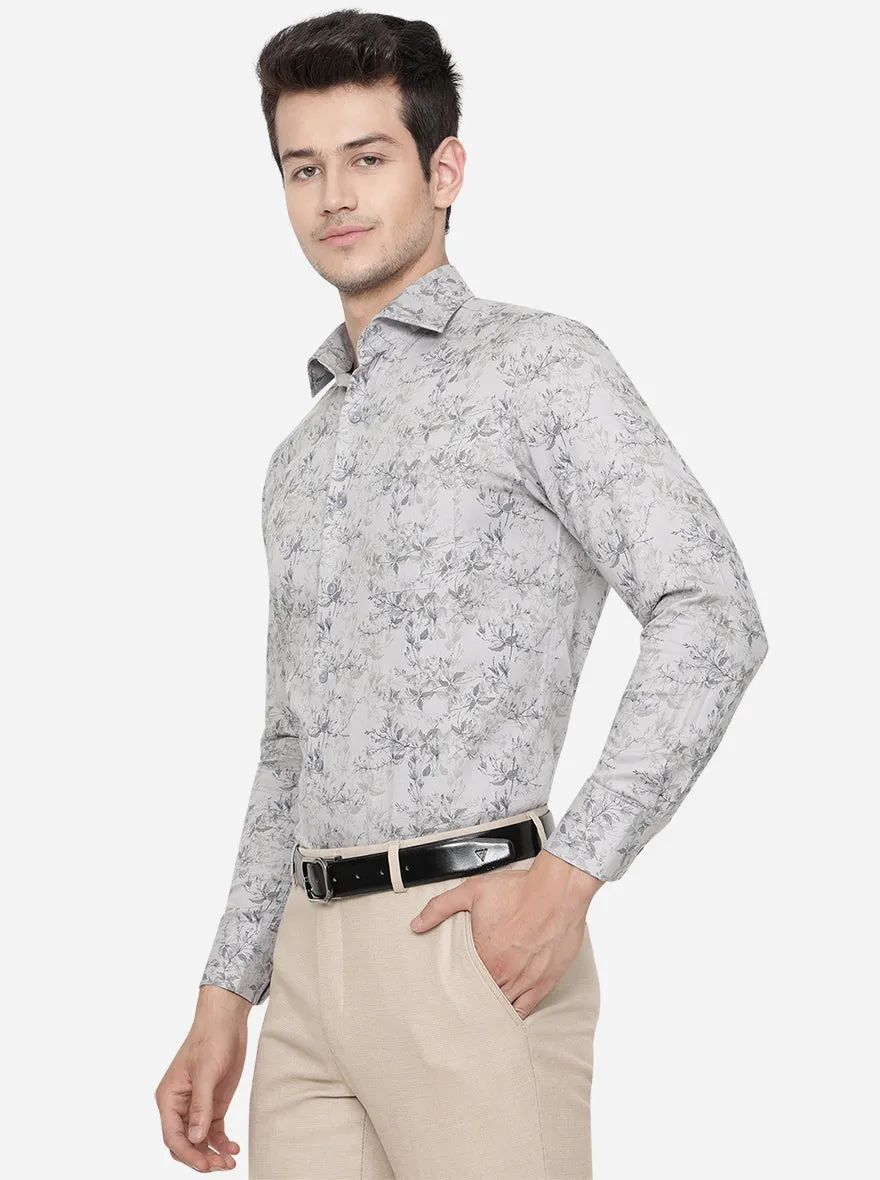 Ash Grey & Blue Printed Slim Fit Formal Shirt | Metal