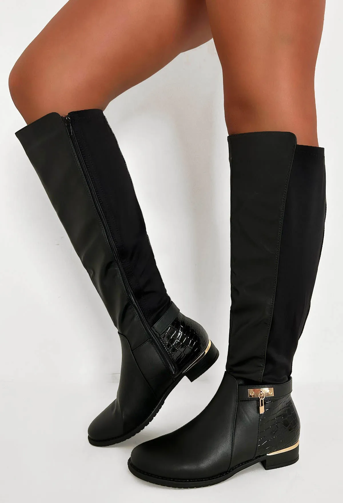 Big City Dreams Black Stretch Gold Detail Knee Boots