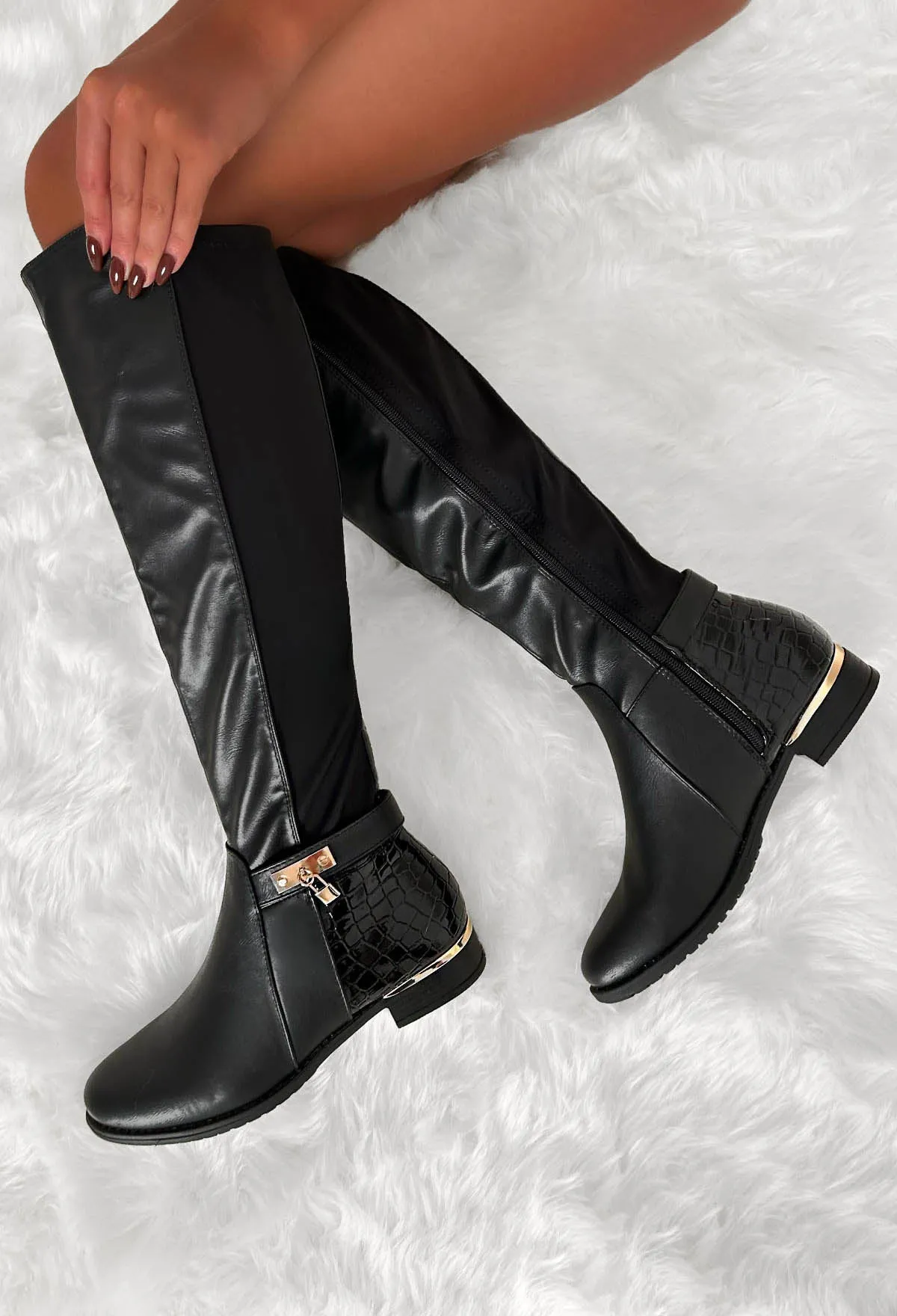 Big City Dreams Black Stretch Gold Detail Knee Boots