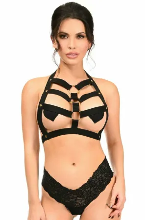 Black Stretchy Body Harness with Gold Hardware