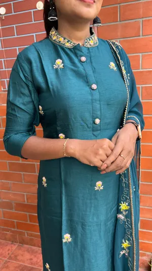 Bottle green muslin silk embroidery hand worked 3 piece kurti set