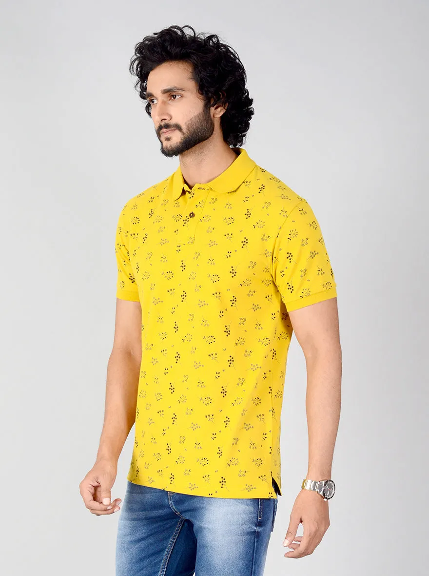 Burnt Yellow Printed Slim Fit Polo T-shirt | Greenfibre