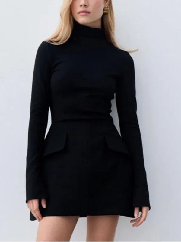 Chic Ribbed Turtleneck Bodycon Mini Dress with Open Sleeves