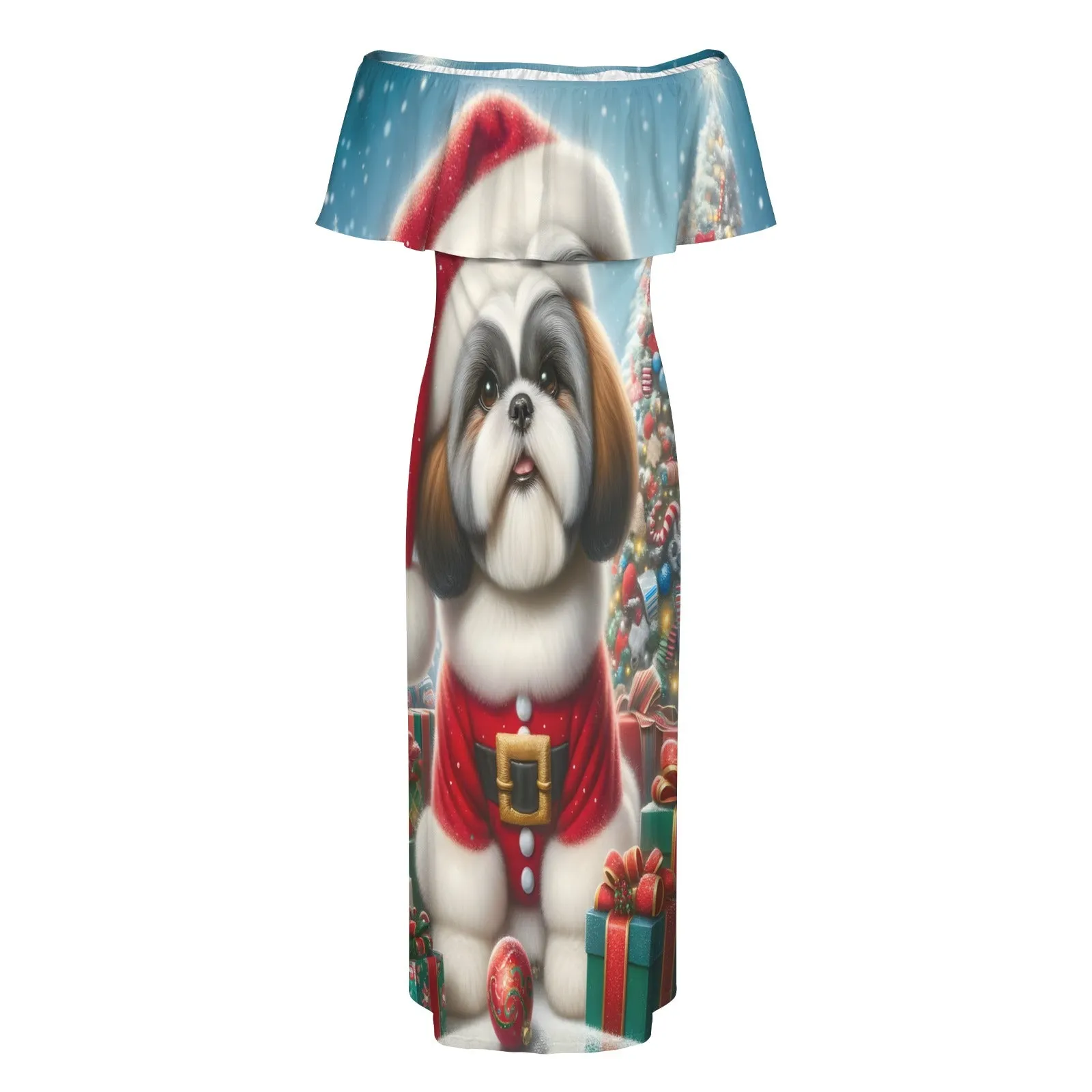 Christmas Puppy awd02 Women's Off Shoulder Ruffle Boat Neck Dress (Model D71)