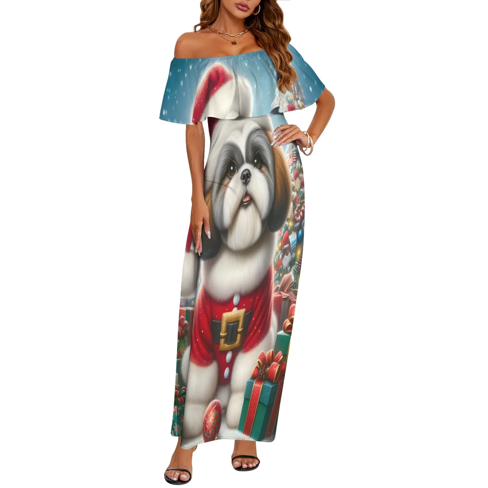 Christmas Puppy awd02 Women's Off Shoulder Ruffle Boat Neck Dress (Model D71)