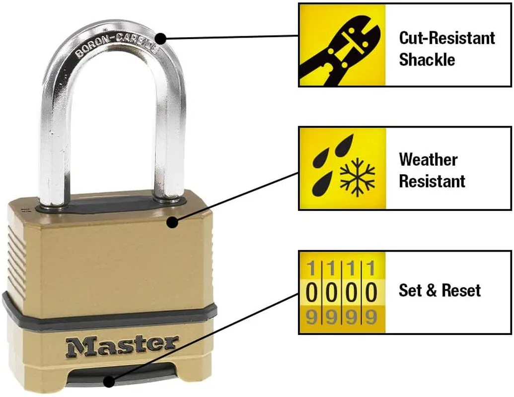 Combination Lock, Heavy Duty Weatherproof Padlock, Resettable for Outdoor Use, Brass Finish, M175XDLF