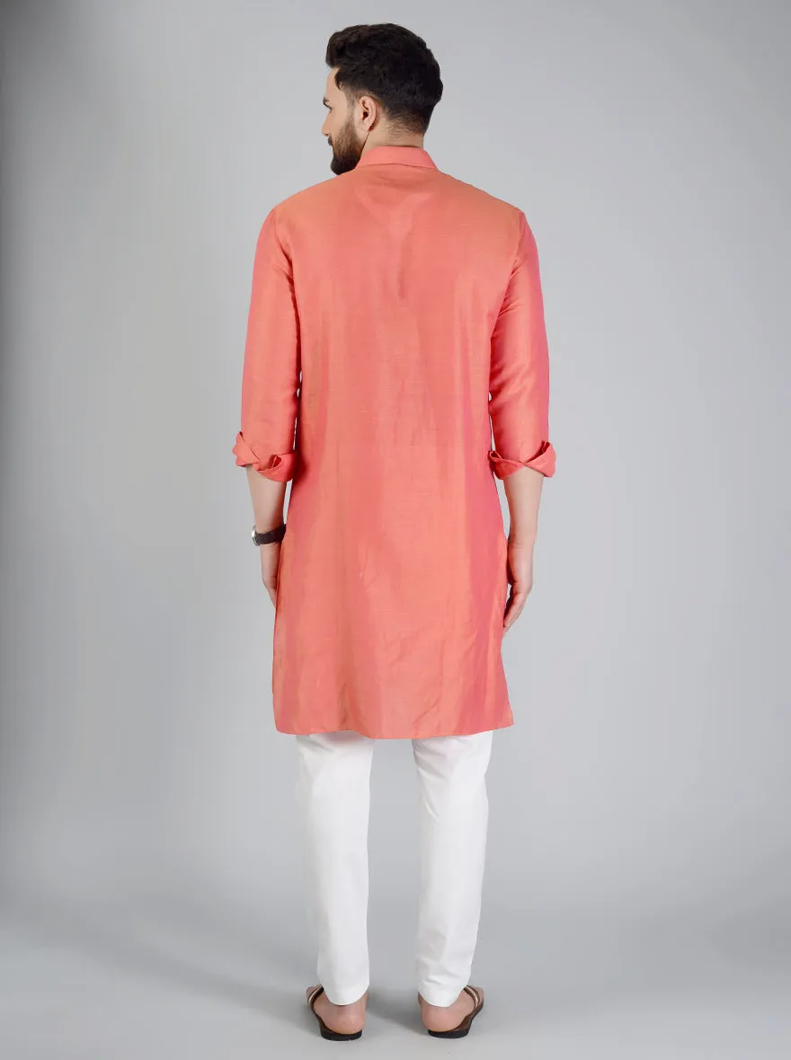 Coral Orange Self Textured Regular fit Modi Kurta | Jadeblue