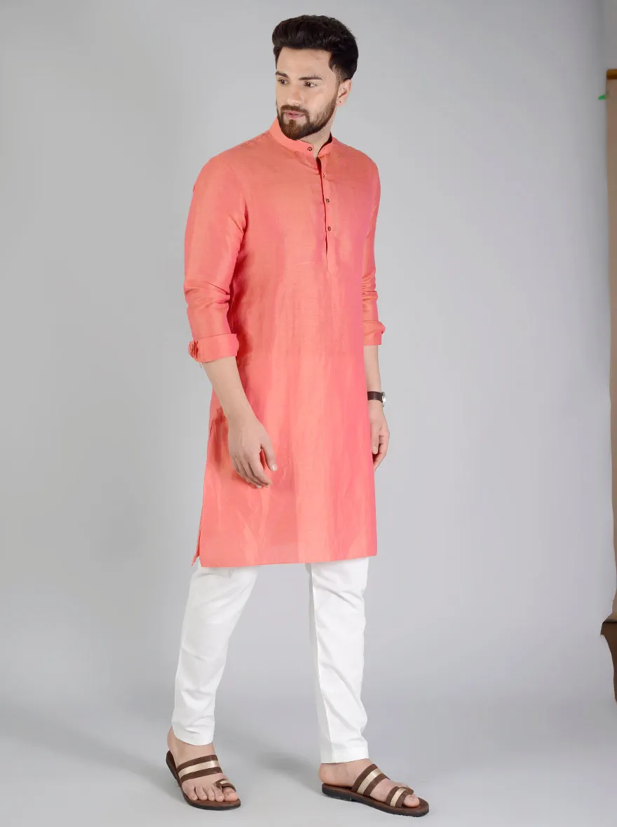 Coral Orange Self Textured Regular fit Modi Kurta | Jadeblue