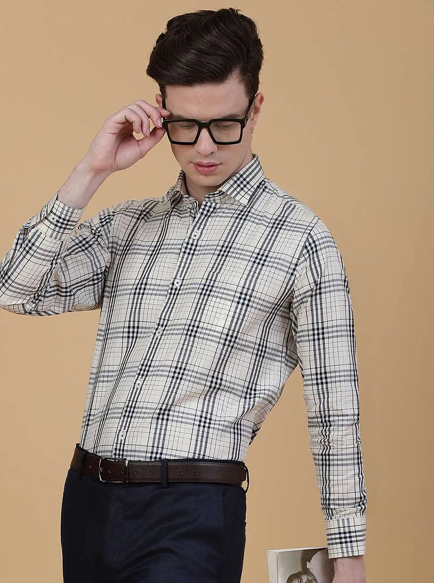 Cream Checked Slim Fit Formal Shirt | Metal