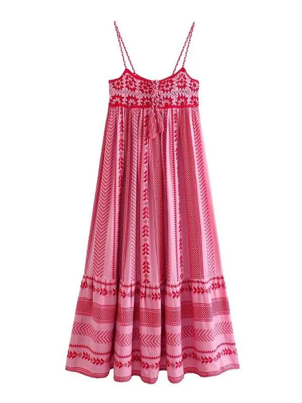 Crochet Patchwork Slip Dress with Ethnic Knit Accents