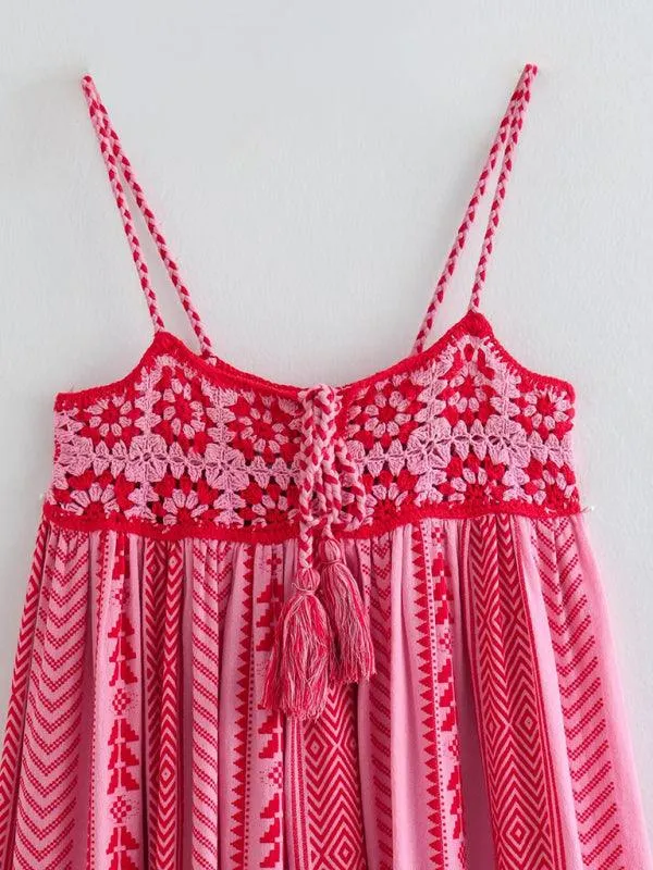 Crochet Patchwork Slip Dress with Ethnic Knit Accents