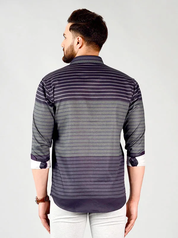 Dark Grey & Green Striped Slim Fit Party Wear Shirt | JB Studio