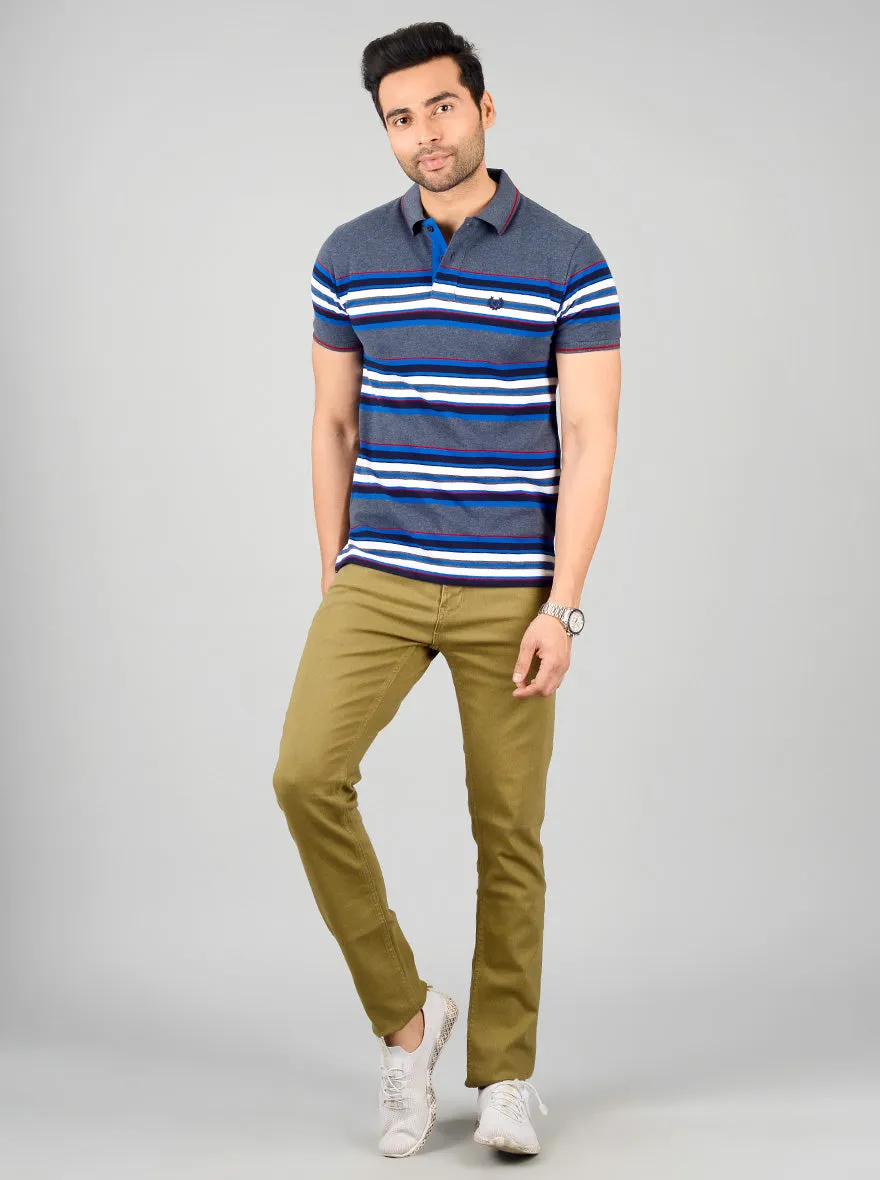 Dark Grey Striped Slim Fit Polo T-shirt | Greenfibre