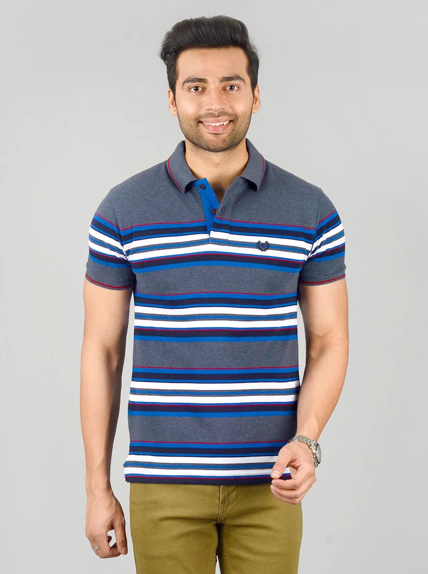 Dark Grey Striped Slim Fit Polo T-shirt | Greenfibre