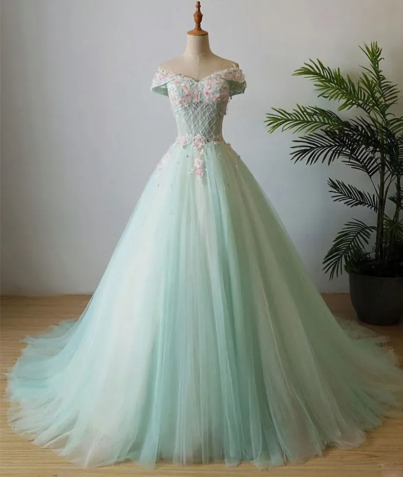 Elegant Off Shoulder Light Green Tulle Sweet 16 Dress, Long Formal Gown