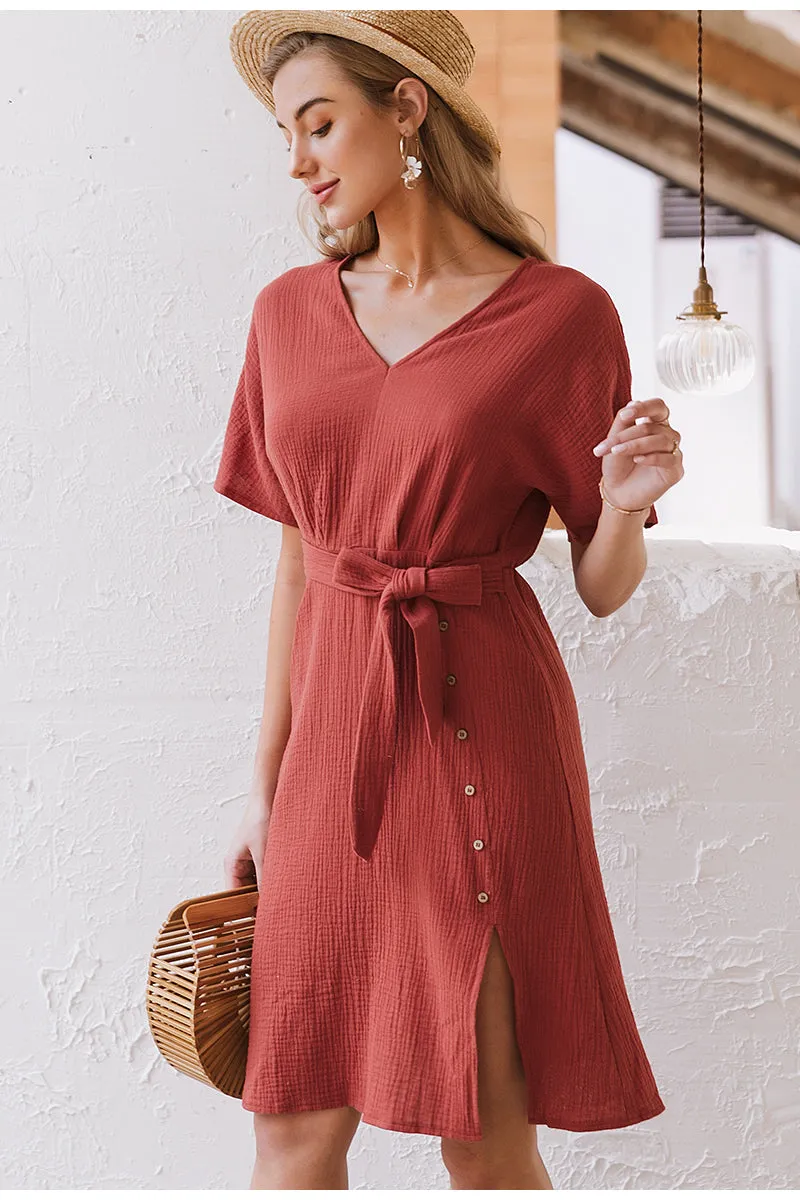 Elegant V-neck Streetwear Strap Buttons Cotton Summer Office Dress