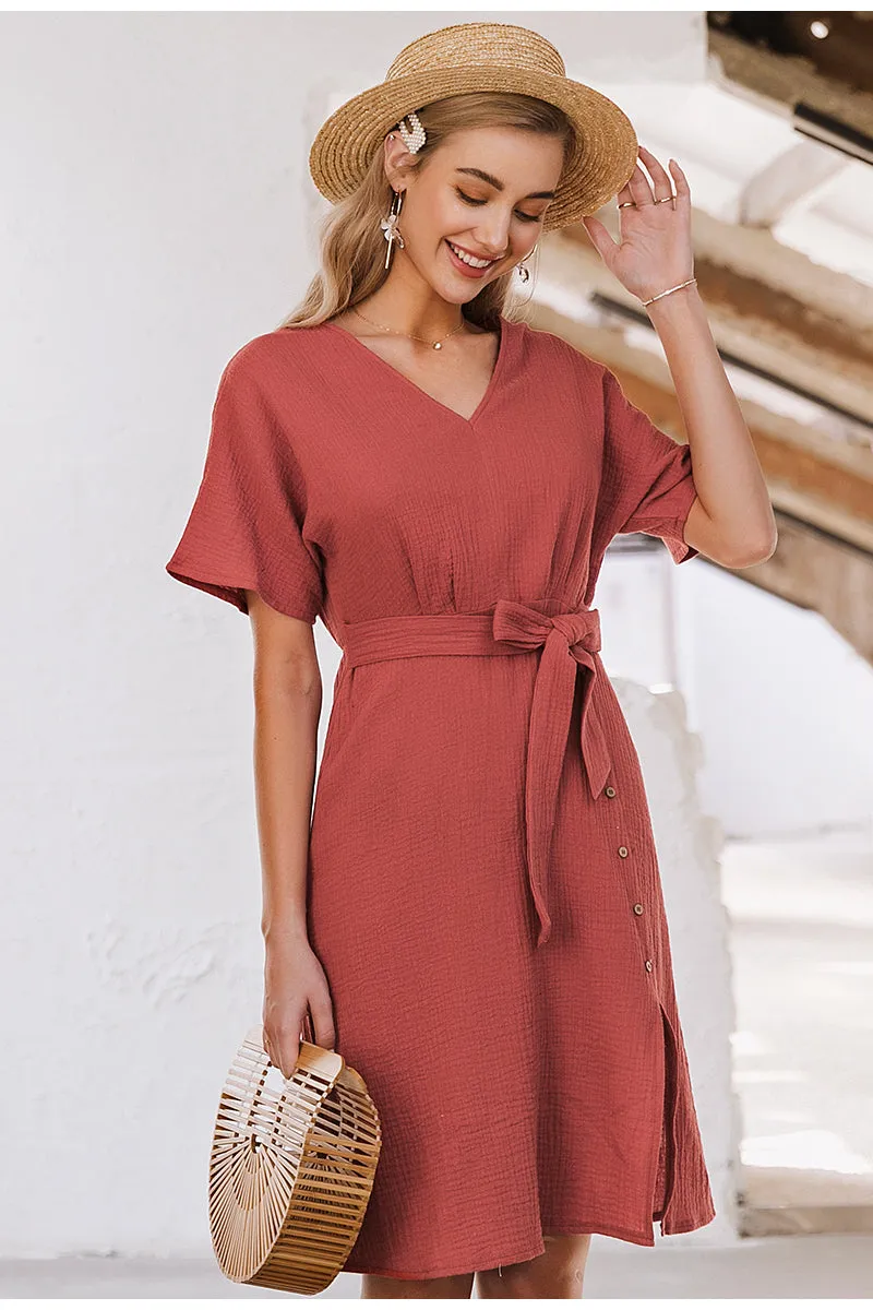 Elegant V-neck Streetwear Strap Buttons Cotton Summer Office Dress