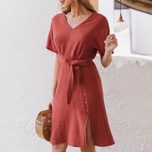 Elegant V-neck Streetwear Strap Buttons Cotton Summer Office Dress