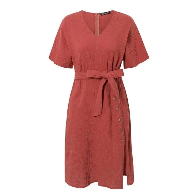 Elegant V-neck Streetwear Strap Buttons Cotton Summer Office Dress