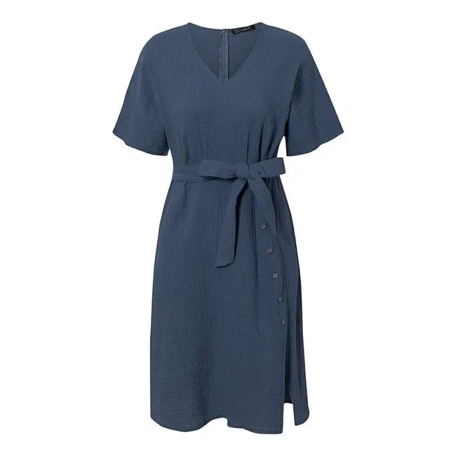 Elegant V-neck Streetwear Strap Buttons Cotton Summer Office Dress