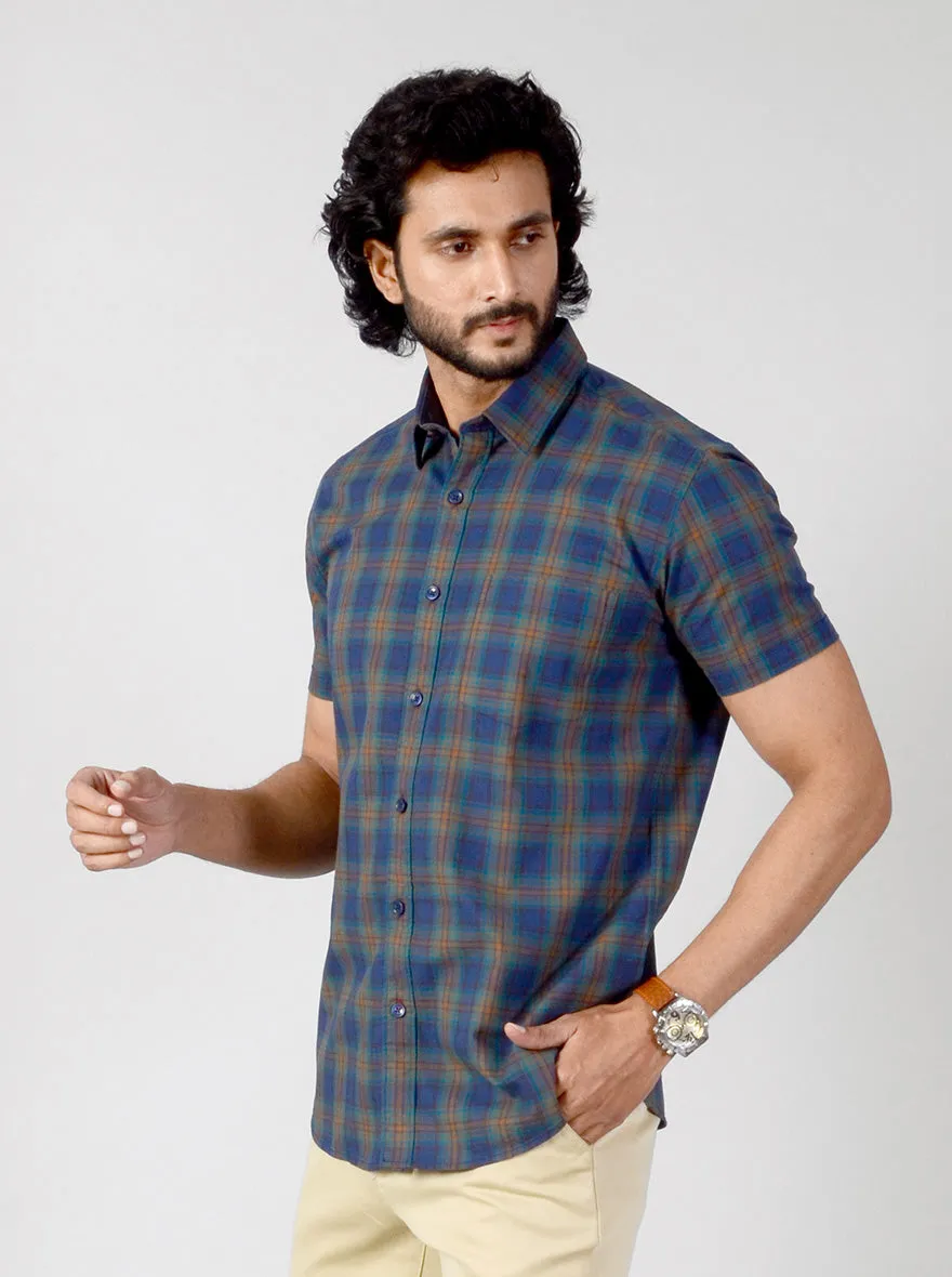 Estate Blue & Brown Checked Slim Fit Casual Shirt | JadeBlue