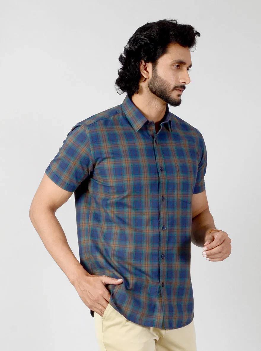 Estate Blue & Brown Checked Slim Fit Casual Shirt | JadeBlue