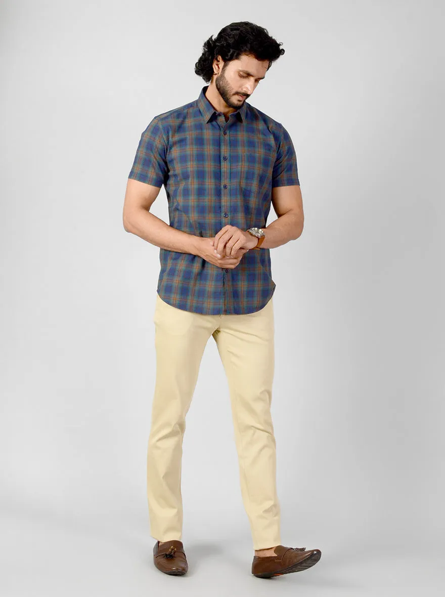 Estate Blue & Brown Checked Slim Fit Casual Shirt | JadeBlue