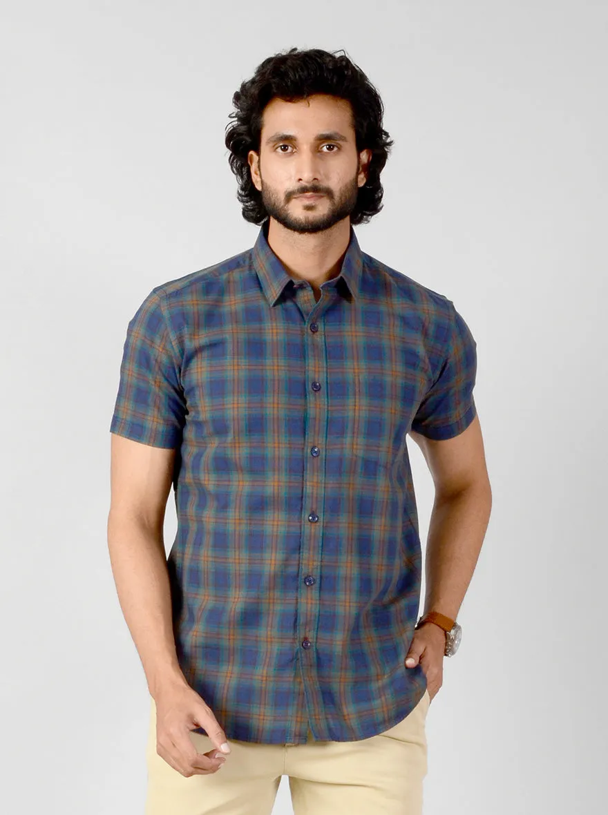 Estate Blue & Brown Checked Slim Fit Casual Shirt | JadeBlue