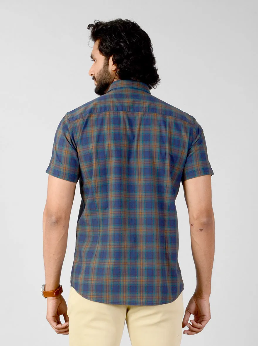 Estate Blue & Brown Checked Slim Fit Casual Shirt | JadeBlue