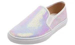 Feversole Women's AB White Sequin Slip On Sneaker Casual Flat Loafers