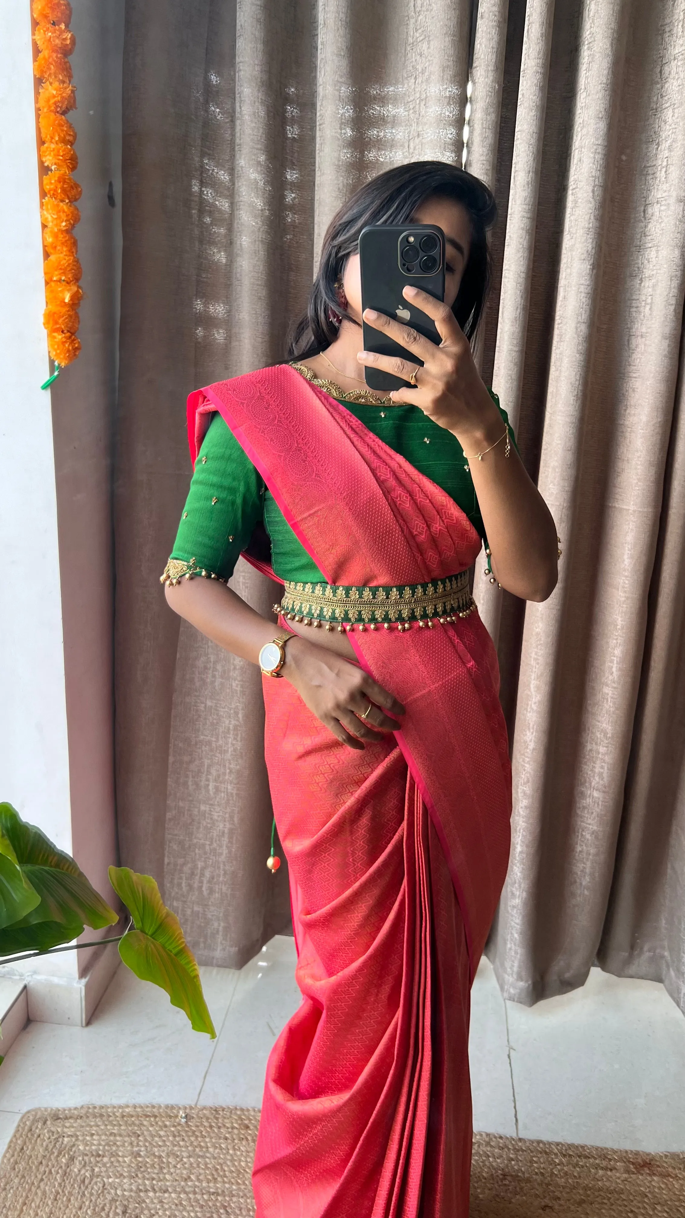 (Free full draping )Orange and green soft silk saree with aari worked blouse