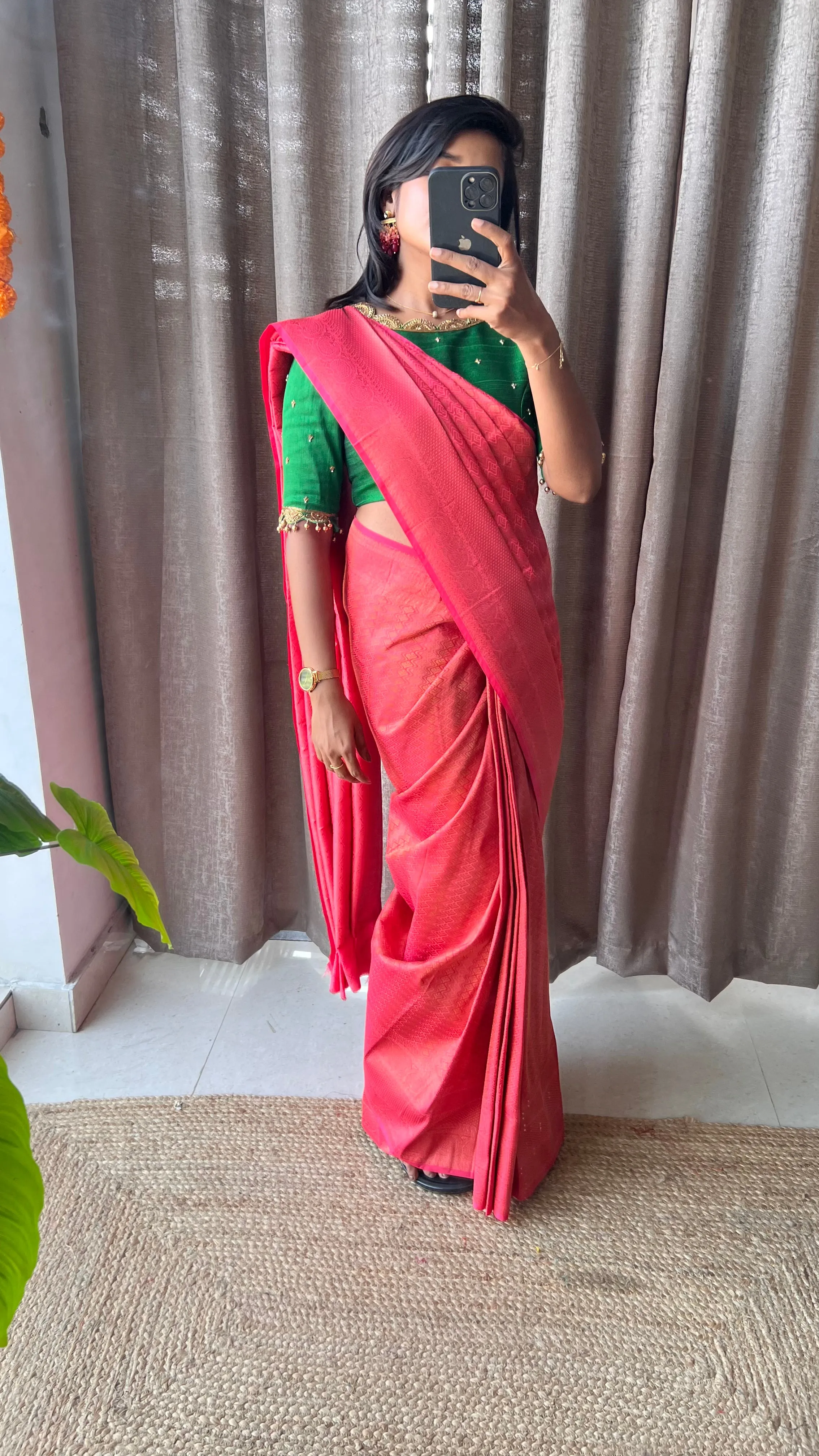 (Free full draping )Orange and green soft silk saree with aari worked blouse