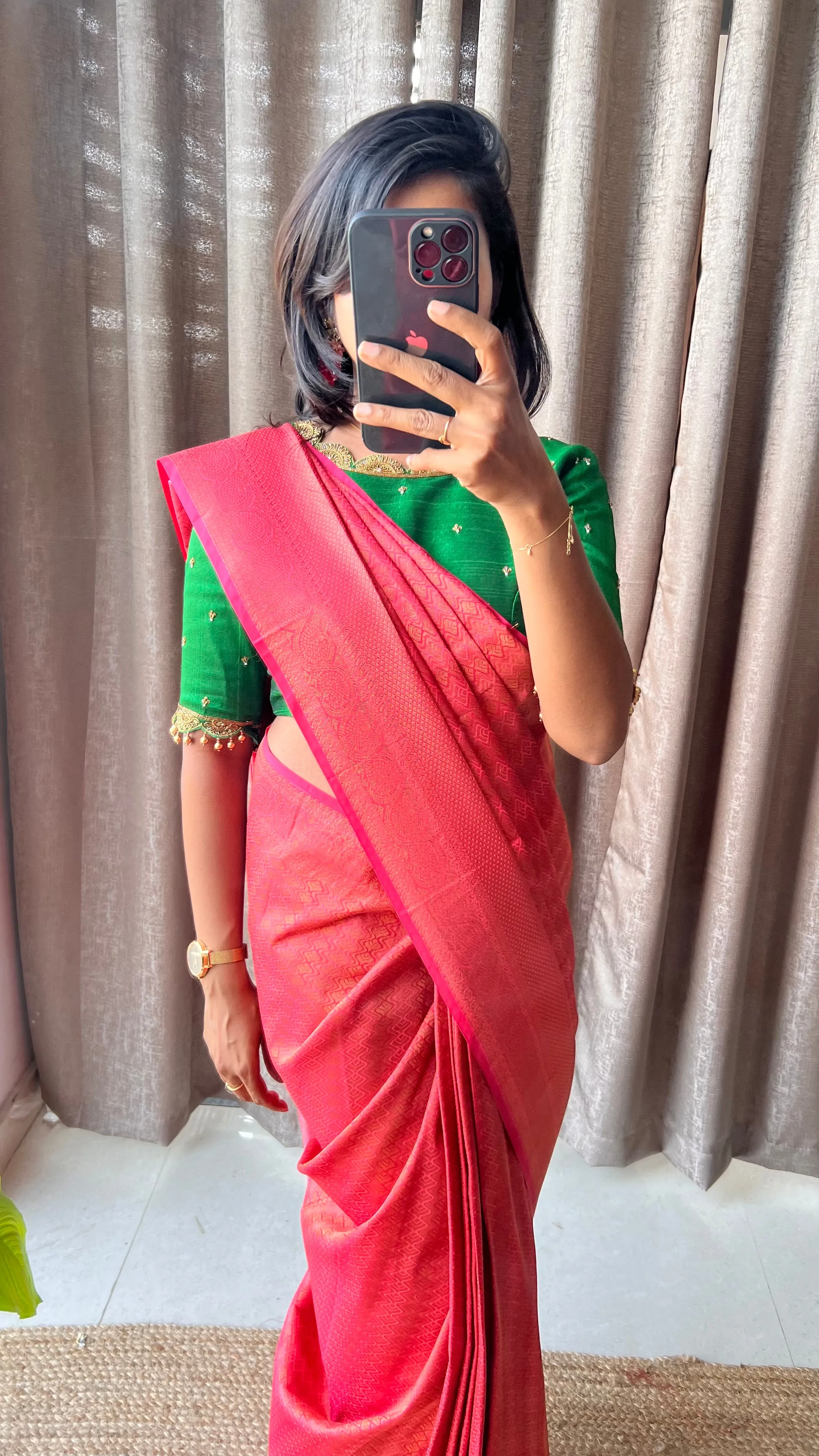 (Free full draping )Orange and green soft silk saree with aari worked blouse