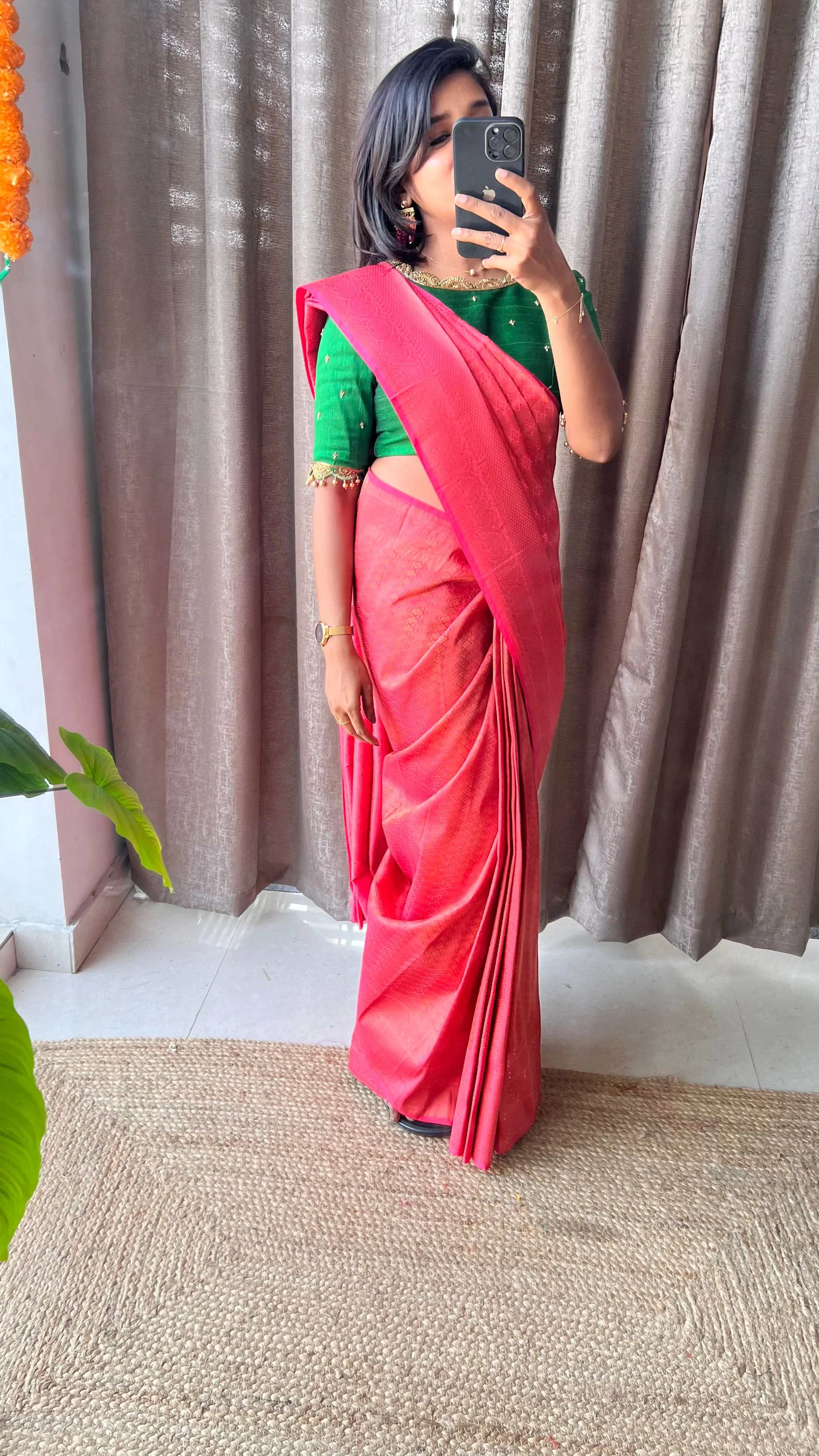 (Free full draping )Orange and green soft silk saree with aari worked blouse