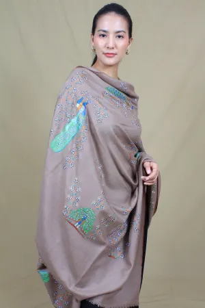 Harleen Beige Taupe Peacock Embroidered Pashmina Shawl