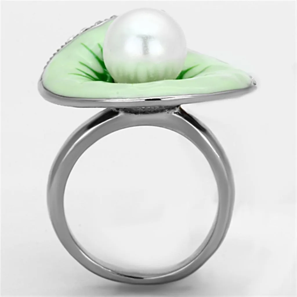 High polished (no plating) Stainless Steel Ring with Synthetic Pearl in White for Women Style TK1171