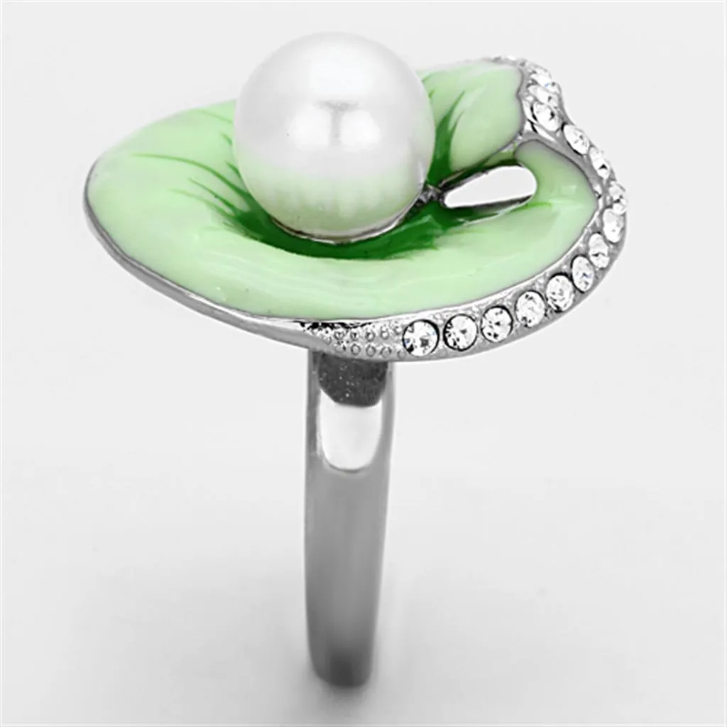 High polished (no plating) Stainless Steel Ring with Synthetic Pearl in White for Women Style TK1171