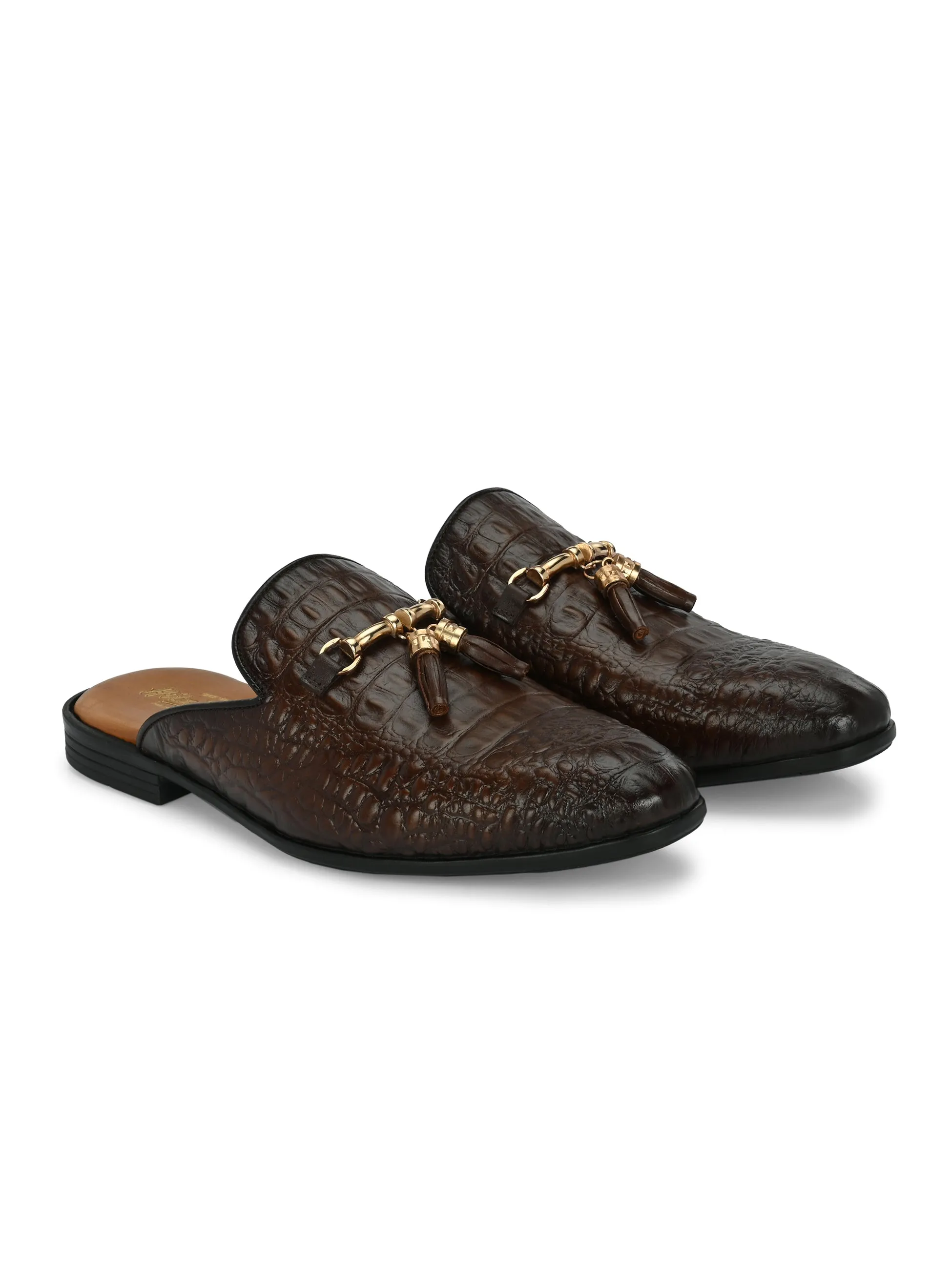 Hitz Men's Brown Leather Half Shoes Ethnic Wear Mule Shoes