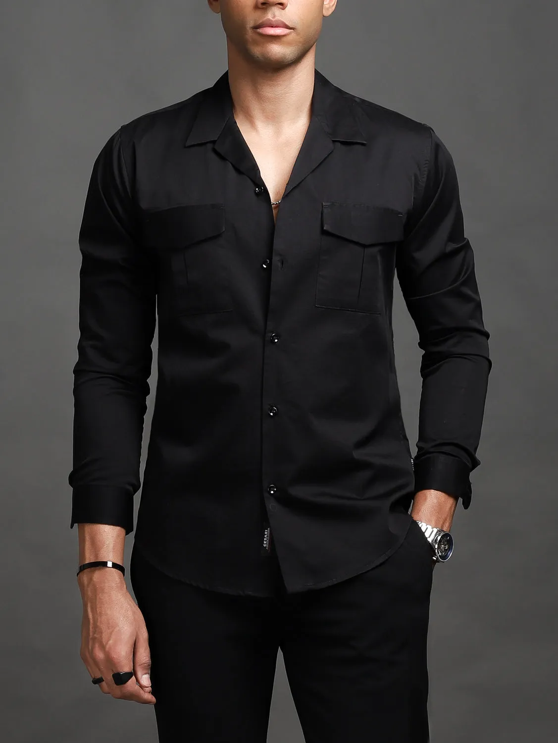 Jet Black Front Pockets Shirt