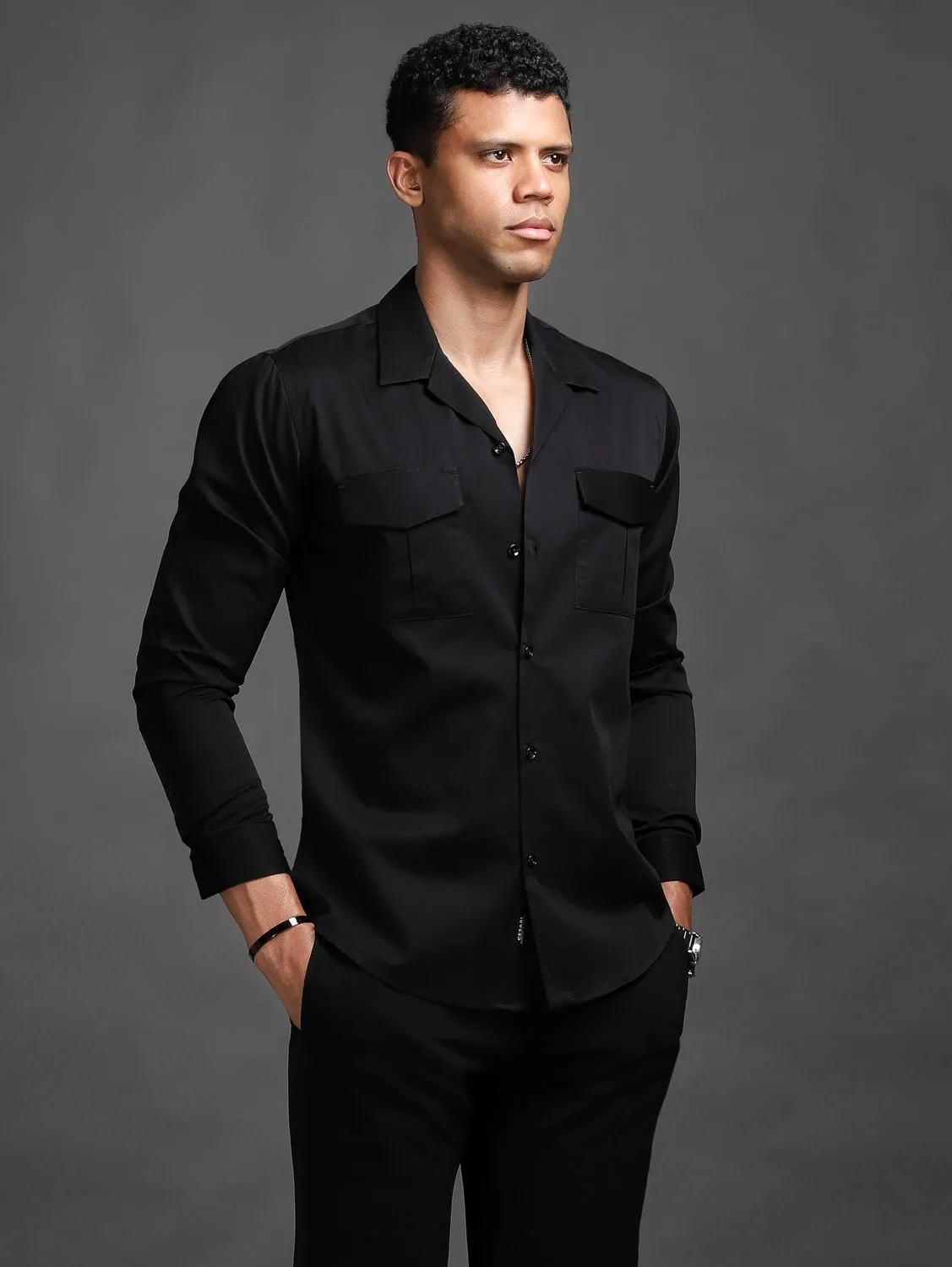 Jet Black Front Pockets Shirt