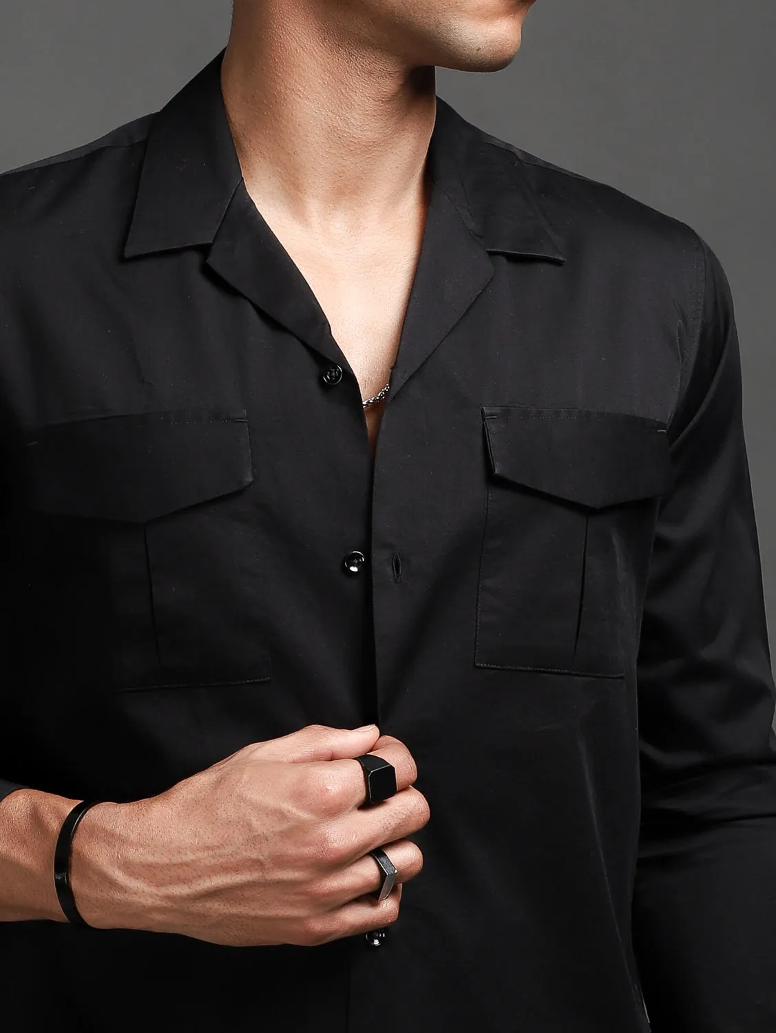 Jet Black Front Pockets Shirt