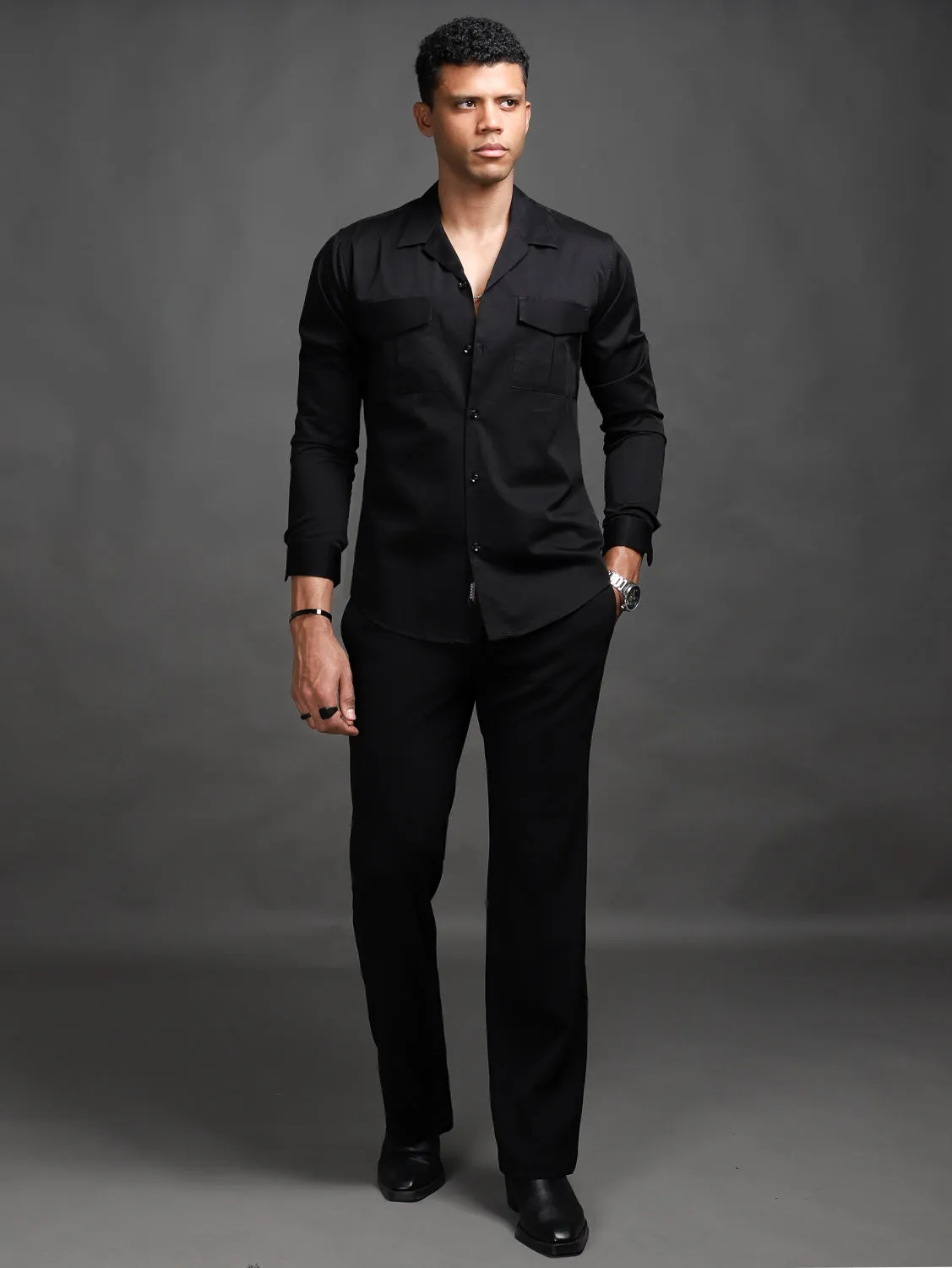 Jet Black Front Pockets Shirt