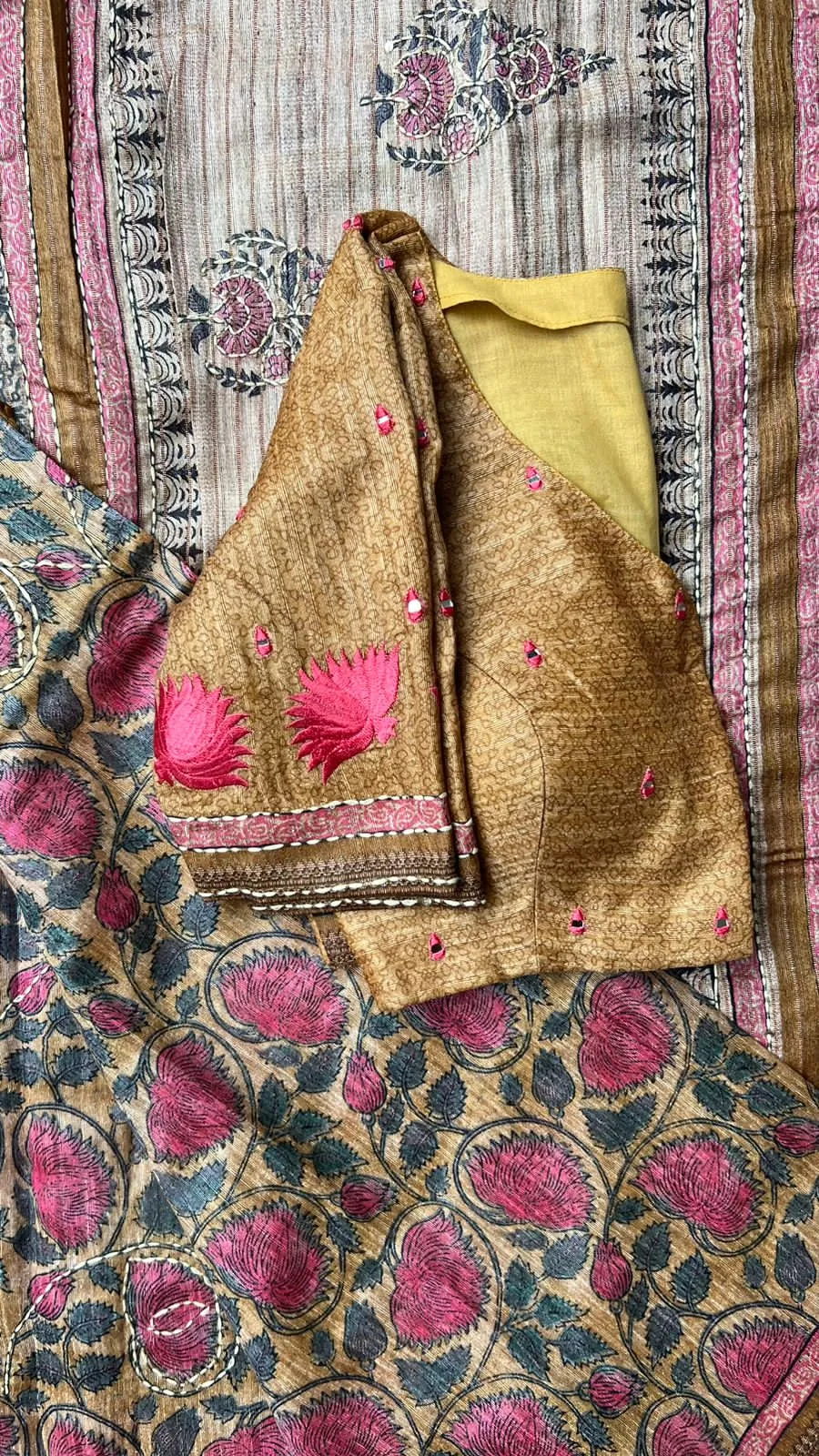 Kantha fenugreek floral chanderi saree with embroidery blouse