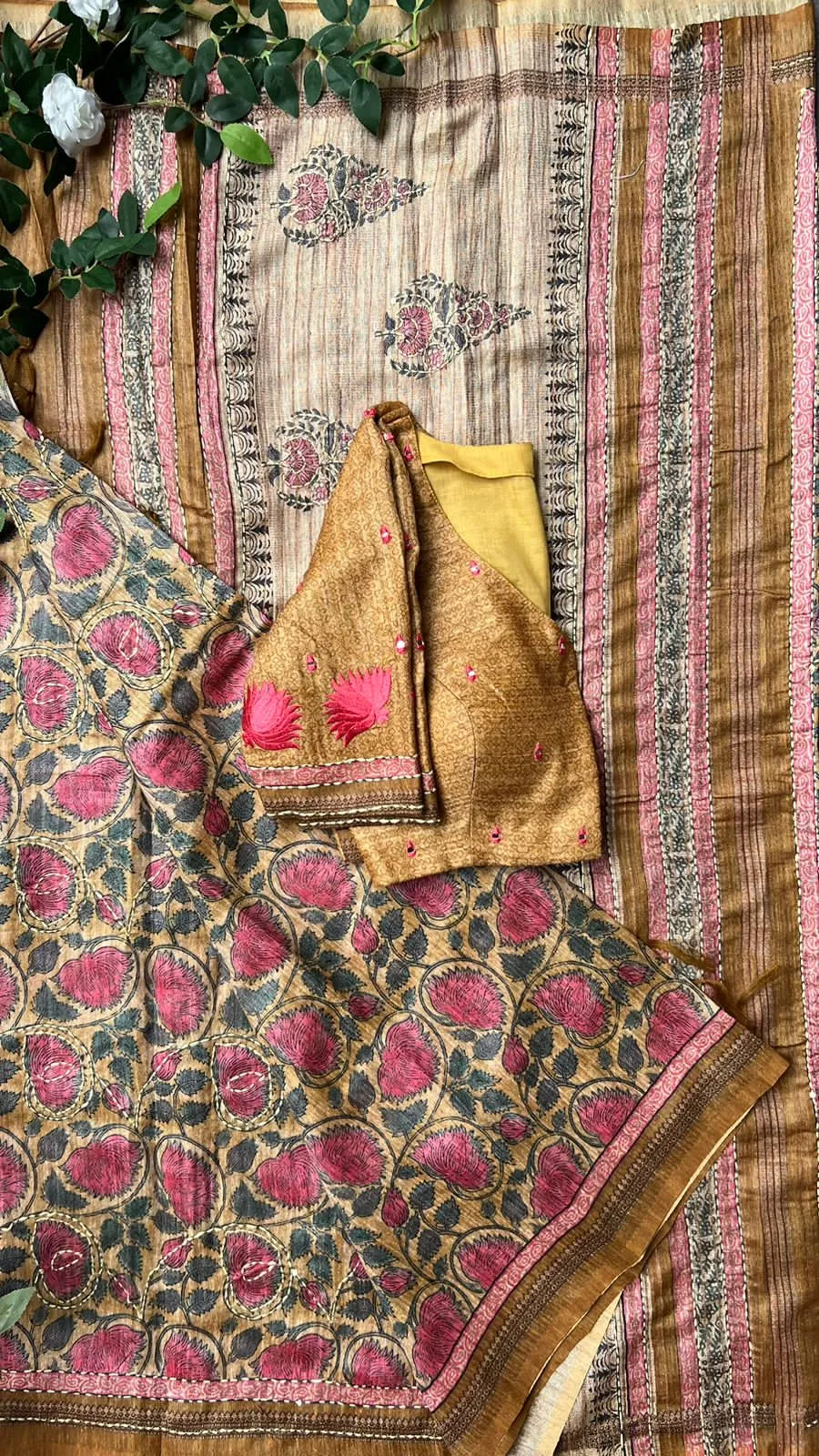 Kantha fenugreek floral chanderi saree with embroidery blouse