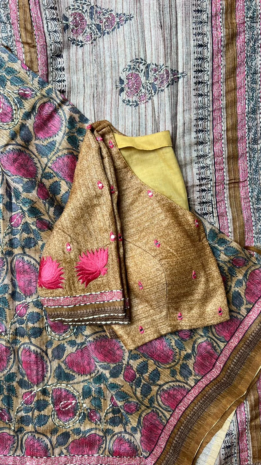 Kantha fenugreek floral chanderi saree with embroidery blouse