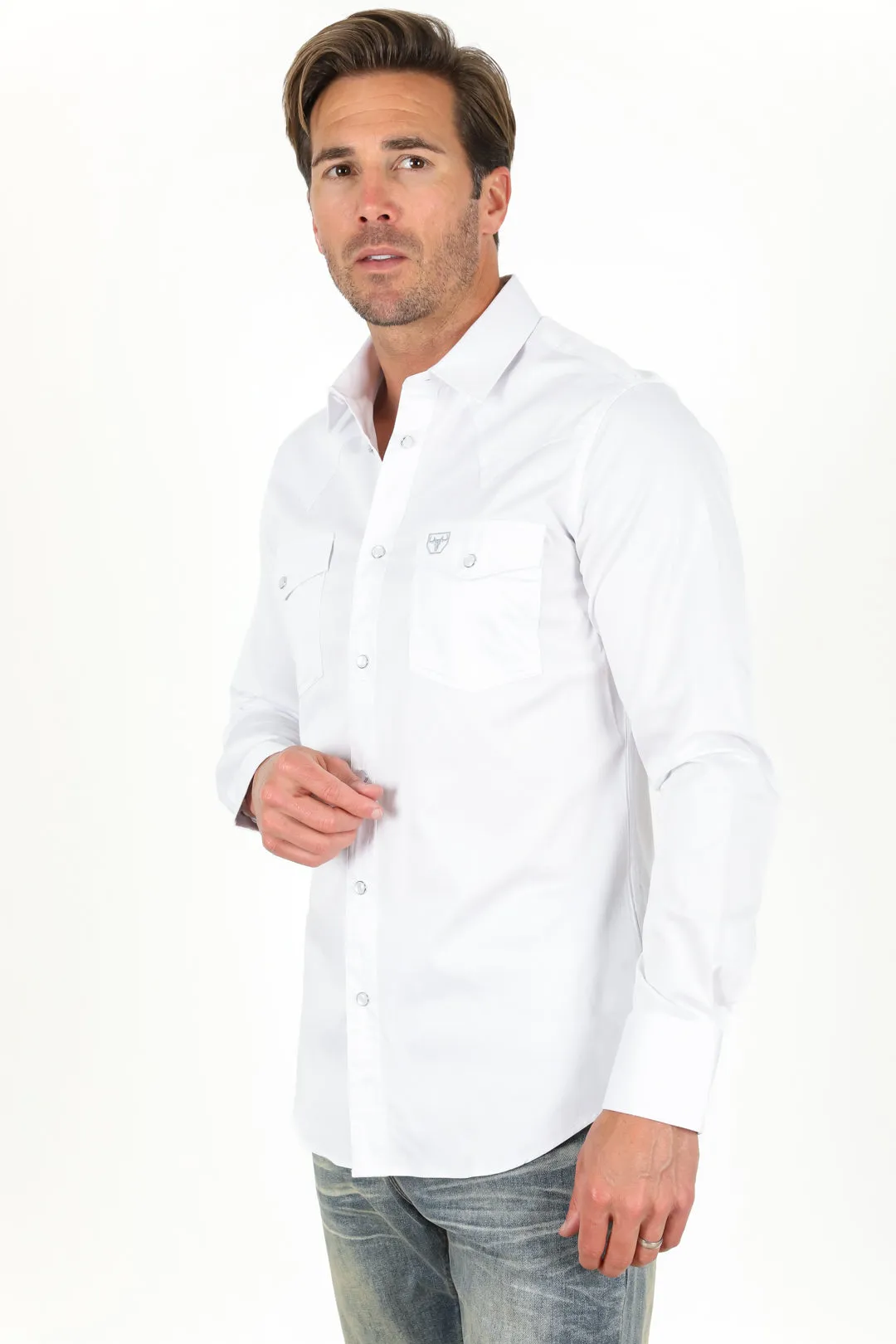 Men’s Single Pocket Logo Modern Fit Stretch Dress Shirt - White