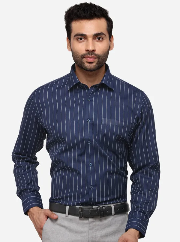 Navy Blue & White Striped Regular Fit Formal Shirt | Greenfibre