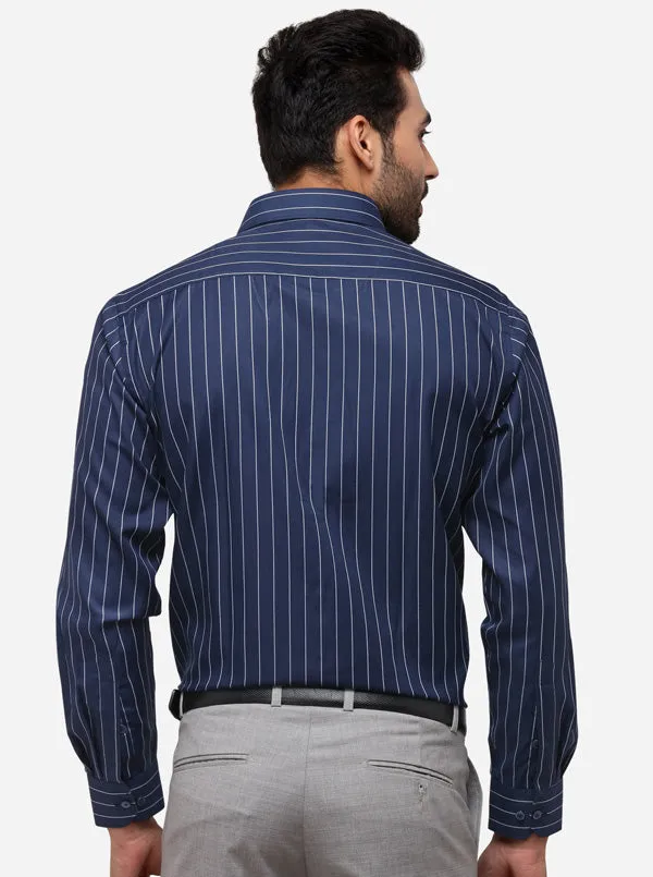 Navy Blue & White Striped Regular Fit Formal Shirt | Greenfibre